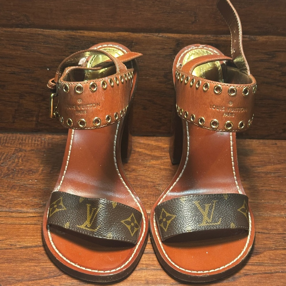 Louis Vuitton Brown and Gold Heeled Sandals